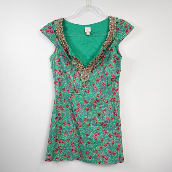 Vintage Plenty by Tracy Reese Green Floral Crystal Beaded Cotton Mini Dress 8 - Picture 4 of 16